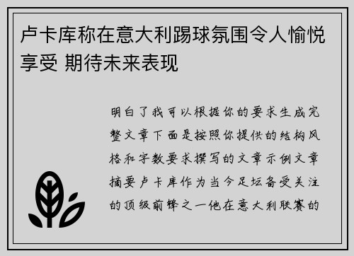 卢卡库称在意大利踢球氛围令人愉悦享受 期待未来表现